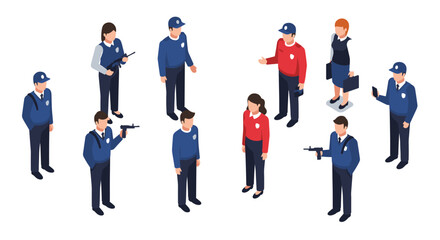 Isometric figures in uniform engaged in various activities