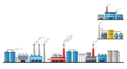 Obraz premium Industrial facility with smoke stacks and pollution icons in flat design