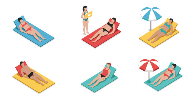 Isometric beach relaxation: people sunbathing on colorful mats with umbrellas