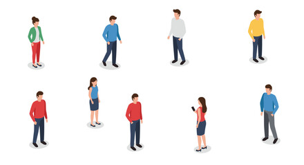 Diverse group of isometric people standing and interacting on white background