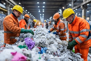 Observe workers sorting waste at a recycling plant, ensuring proper waste segregation for a sustainable future, highlighting the importance of recycling and a circular economy.