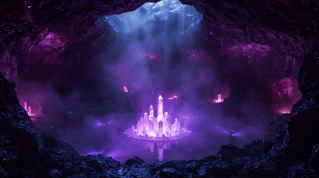 Mystical cave with glowing purple crystals and ethereal light from above, creating an enchanting and otherworldly atmosphere