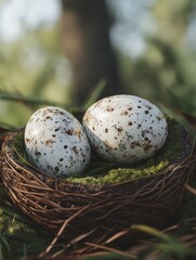 Obraz premium Delicate Easter eggs resting in a nest, surrounded by soft moss and vibrant foliage, celebrating the joy of the holiday season