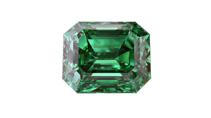 Emerald in radiant cut with sharp symmetry and royal green tone, background isolated on a Transparent background, PNG file.