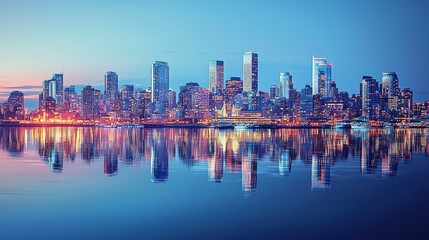 Fototapeta premium City skyline reflected in calm water at twilight.
