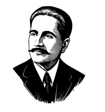 Allama Iqbal Portrait Illustration &ndash; Poet of the East Black and White Artwork