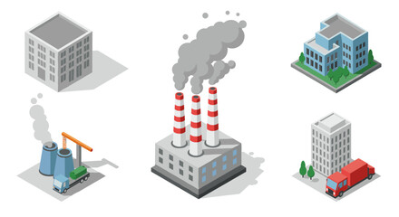Fototapeta premium Isometric industrial buildings with factories, offices, and vehicles