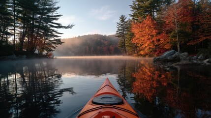 Fototapeta premium Kayaking Through Tranquil Autumn Waters With Vibrant Foliage Reflecting in the Misty Morning Light