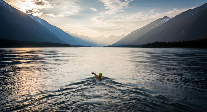 A lone swimmer bravely navigates the vast cold waters of a lake surrounded by a majestic mountain range during a serene sunrise or sunset.