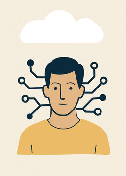 Illustration of artificial intelligence and brain circuits with cloud