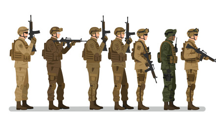 Flat style military soldiers in various uniforms and poses with weapons