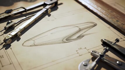 Detailed Architecture Blueprint with Drafting Tools on Brown Table Close Up - Powered by Adobe