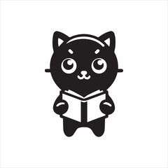 Fototapeta premium Cartoon Black Cat Character Reading a Book with a Sweet Smiling Face.