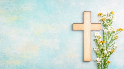 Cross with flowers minimalist pastel background. Faith and Christianity, religion and hope, spirituality Easter. Peace, inspiration, wood, daisies, yellow, white, petals, arrangement, blue texture,
