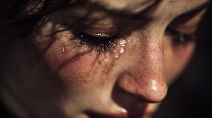 Fototapeta premium Close-up of a young Caucasian female with crying eyes, showcasing emotional expression and detailed skin texture.