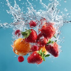 delicious fruit splash with green leaves freshness