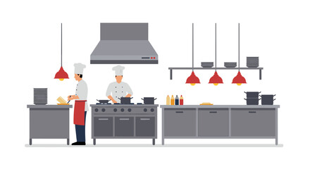 Modern restaurant kitchen with chefs cooking under industrial lights