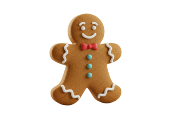 A perfectly crafted gingerbread man cookie standing upright, intricate white and red frosting, on a soft grey minimalist background with shadows, soft studio lighting. Concept of simple pleasure and