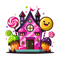 Naklejka premium Haunted Candy House Illustration with Smiling Halloween Candies, Spooky Sweet Treats, Creepy Fun Haunted House Vector for Kids and Party