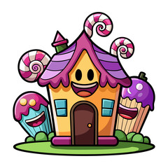 Haunted Candy House Illustration with Smiling Halloween Candies, Spooky Sweet Treats, Creepy Fun Haunted House Vector for Kids and Party