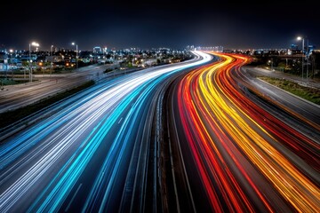 Obraz premium Vibrant streaks of light paint a highway at night in a long exposure