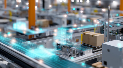 Innovative automation technology in a modern warehouse with boxes on conveyors and digital interfaces