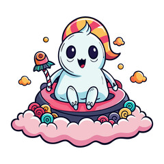 Friendly Ghost Sitting on a Fluffy Candy Cloud Cute Halloween Illustration Whimsical Spooky Fun Vector Design for Kids and Posters