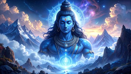 Majestic Blue Hindu God Spirit Surrounded by Mountain Landscape and Cosmic Sky