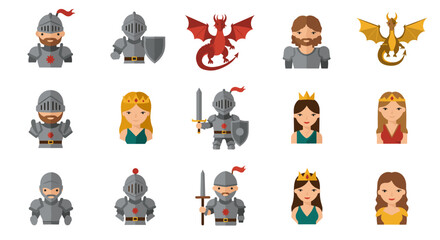 Medieval characters and fantasy dragons in flat style for game design