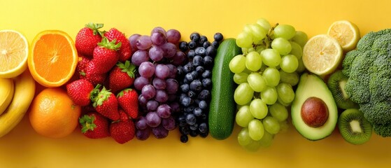 Colorful array of fresh fruits and vegetables on a yellow background