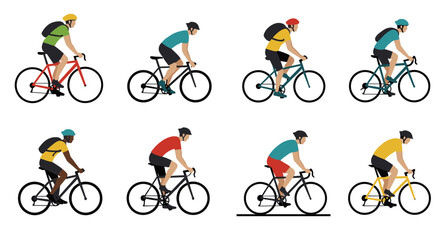 Fototapeta premium Diverse cyclists in motion wearing helmets and backpacks against white background