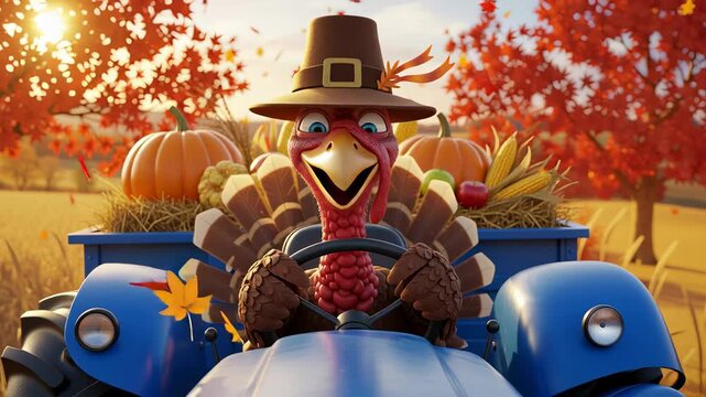Joyful Turkey Driving Tractor in Autumn Harvest Festivity with Pumpkins and Falling Leaves