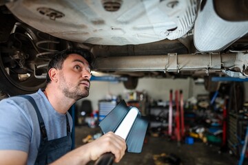 Mechanic inspecting car chassis with a lamp in a garage