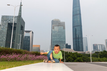 low angle viwe of a little boy jumping