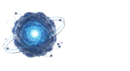 Futuristic, abstract sphere with glowing crystalline texture & luminous core, electric blue/violet orbital paths, on white, copy space. Concept of global networks and innovation