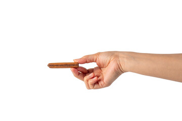 Chocolate bar in hand on transparent background