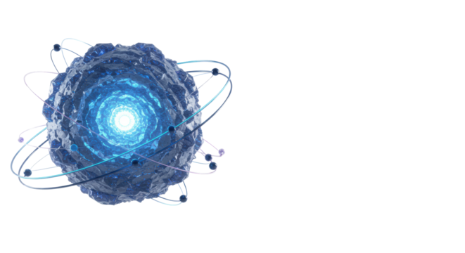 Futuristic, abstract sphere with glowing crystalline texture & luminous core, electric blue/violet orbital paths, on white, copy space. Concept of global networks and innovation