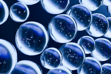 Transparent blue water bubbles floating on a dark background. Abstract 3D render symbolizing hydration, freshness, purity, and skincare. Clean minimal concept for cosmetic or science themes.