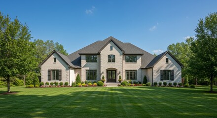A large, two-story modern traditional home on a green lawn.