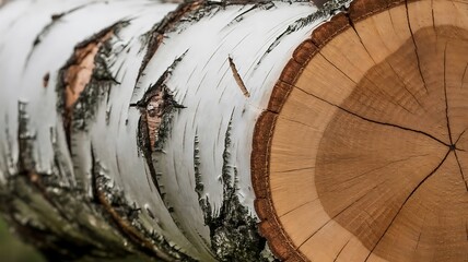 close up of a birch tree log showing the bark and the rings of the tree trunk end