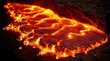 A close-up view of molten lava flowing across a rocky surface, showcasing vibrant orange and red hues, Ideal for projects related to geology, natural disasters, or environmental studies,
