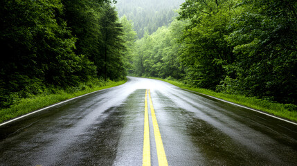 Fototapeta premium A winding road curves through a vibrant green forest, reflecting the recent rain on its surface while surrounded by tall trees