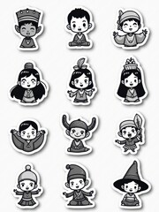 Twelve charming, stylized characters in grayscale, each wearing distinctive attire and accessories, conveying a sense of playful wonder and cultural diversity.