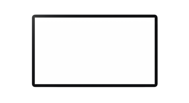 Pristine rectangular digital screen with dark border, light grey copy space, isolated in minimalist studio, flat lay shot. Concept for modern digital workspace design