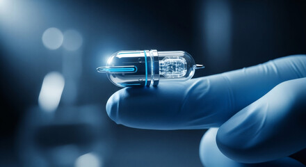 A gloved hand delicately holds a futuristic ingestible medical capsule with glowing blue internal components, hinting at advanced diagnostic technology.
