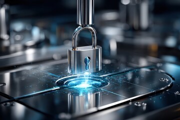 Metallic padlock hovering over glowing blue digital interface