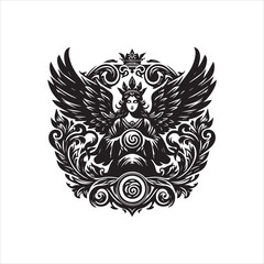 Obraz premium Ornate Winged Queen with Crown and Floral Embellishments in Black and White.