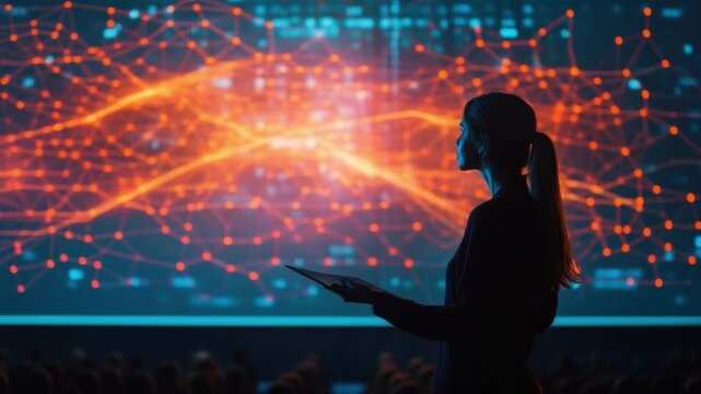 Abstract digital connection concept with silhouette of a woman engaging with vibrant data visualization on a large screen