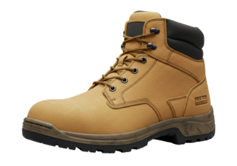 Isolated sturdy brown leather work boot with oil resistant outsole for heavy duty labor