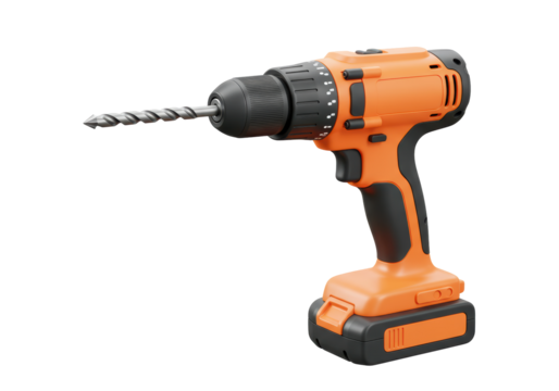 Isolated cordless electric drill for DIY projects and home improvement projects stands upright